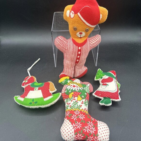 1970s / 80s Stuffed Sewn Christmas Decor, Ornaments, Bear, Stocking, Folk Art - Picture 1 of 10